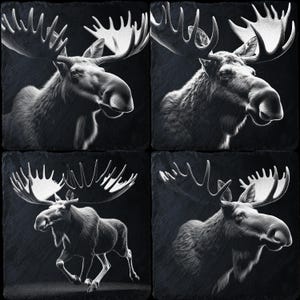 Moose Set of 4 PNG Files for Laser Engraving on Natural Slate - CNC, CO2, Lightburn, Glowforge, Xtool, DIY Art
