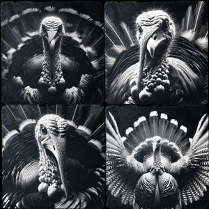 May include: A set of four black and white illustrations of turkeys. Each illustration features a different pose of the turkey, including a turkey with its wings spread out, a turkey with its head held high, and a turkey with its head down.