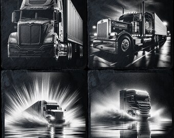 May include: A collage of four black and white images featuring semi-trucks. The first image shows a semi-truck with a trailer driving on a road. The second image shows a semi-truck with a trailer driving on a road at night. The third image shows a semi-truck driving through a burst of light. The fourth image shows a semi-truck driving through a burst of light on a road.