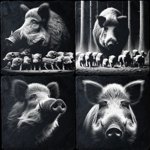 Könnte beinhalten: Eine Schwarzweißillustration eines Wildschweins mit einer Gruppe von Ferkeln. Das Wildschwein steht in der Mitte des Bildes, umgeben von den Ferkeln. Das Bild ist vor einem dunklen Hintergrund platziert.