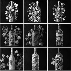 Wine Bottle Grape Vine Integration Bundle - 9 PNG Files Elegant Wine Art Design for Laser Engraving Slate Wood Digital Download