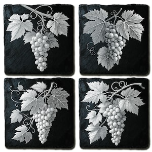 Realistic Grape Bunch with Leaves Bundle - 4 PNG Files for Laser Engraving on Slate Wood - Wine Vineyard Digital Download