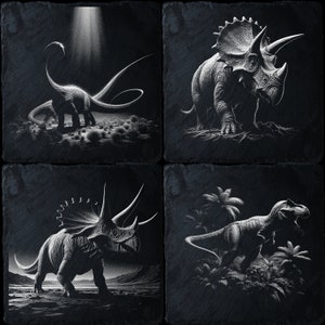 May include: A set of four black slate coasters featuring illustrations of dinosaurs. Each coaster depicts a different dinosaur species in a black and white design.