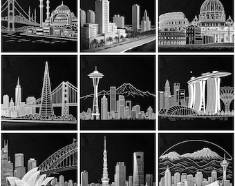 May include: Nine monochrome illustrations of global cityscapes. The images feature iconic landmarks such as the Golden Gate Bridge, the Seattle Space Needle, and the Sydney Opera House. Other images include the Hagia Sophia, the Colosseum, and the Tokyo Tower.