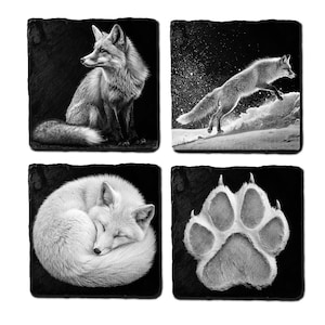 May include: Set of four square black slate coasters featuring grayscale images of foxes. One coaster shows a fox sitting, another shows a fox leaping, a third shows a curled-up fox, and the last shows a fox paw print.