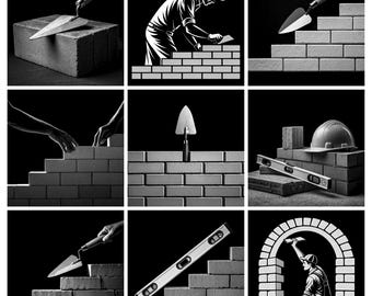 May include: A black and white collage featuring masonry tools and construction scenes. Images include brick trowels, spirit levels, a hard hat, and illustrations of a person laying bricks to build walls and an archway against a dark background.
