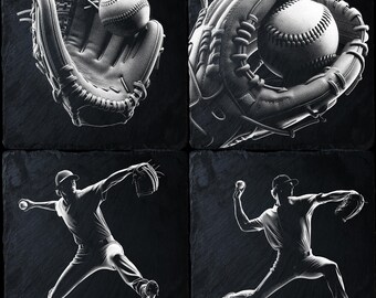 May include: A set of four black slate coasters with a baseball theme. Each coaster features a different image: a baseball glove catching a ball, a baseball glove with a ball inside, a baseball player throwing a ball, and a baseball player catching a ball.