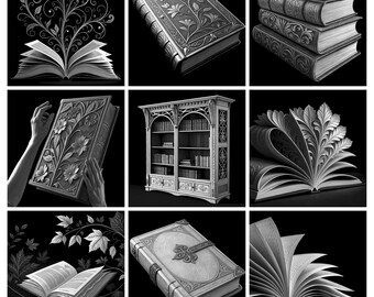 May include: A collection of nine black and white images featuring various books, including open volumes with intricate floral page designs, a stack of embossed hardcover books, a detailed bookshelf, and a book with a decorative metal clasp closure.