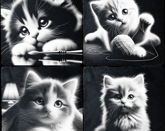 May include: A set of four black and white slate coasters featuring images of cats. Each coaster has a different image of a cat, including a cat with a paintbrush, a cat with yarn, and two cats looking at the camera.
