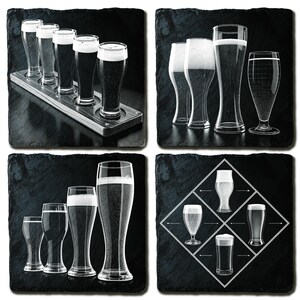May include: Four square images of black slate coasters with beer glasses. One coaster shows a wooden flight with five glasses of beer. Other coasters show different beer glasses with beer and foam.