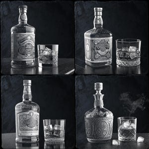 May include: Four bottles of spirits with decorative labels and etched glass, each with a glass of ice on a black slate surface.