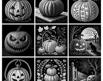 May include: A collection of nine square black and white illustrations featuring various pumpkins, including jack-o'-lanterns with carved faces, decorative patterned gourds, and seasonal scenes with a black cat, a spider web, and autumn foliage.