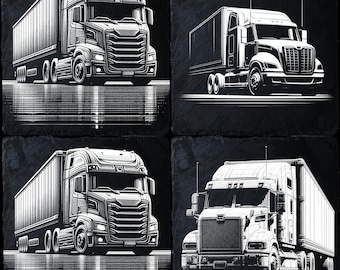 May include: Four black and white illustrations of semi-trucks on a black background. Each truck has a trailer and is drawn in a realistic style.