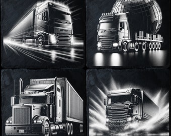 May include: A collage of four black and white images featuring semi-trucks. The first image shows a semi-truck speeding down a highway. The second image shows a semi-truck hauling a globe. The third image shows a semi-truck with a trailer. The fourth image shows a semi-truck driving through a puddle of water.