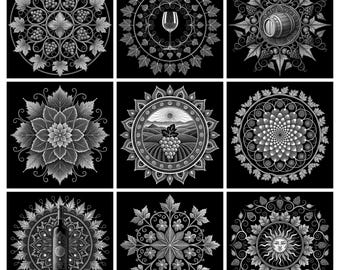 May include: A grid of nine circular black and white illustrations featuring wine-related motifs. Designs include grape clusters, a wine glass, a wooden barrel, a vineyard landscape, a wine bottle, and a sun face, all surrounded by intricate leaf patterns.
