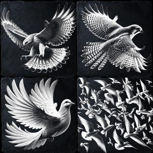 Lot de 4 fichiers de gravure laser Bird in Flight - CNC et PNG à monter soi-même avec des motifs animaliers complexes Décoration d'intérieur artistique et polyvalente