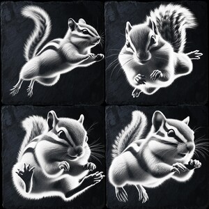 May include: Four black and white illustrations of chipmunks on a black background. Each chipmunk is in a different pose, with one jumping, one sitting, and two in a curled up position.