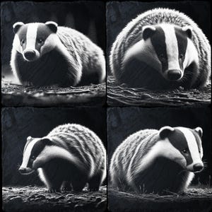 May include: Four black and white images of a badger in different poses. The badger is a small mammal with a black and white striped pattern on its back.