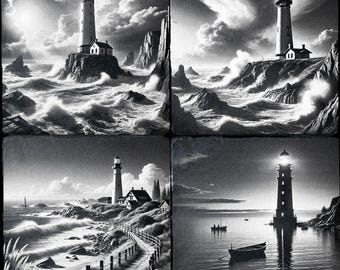 Set of 4 Seascape and Lighthouse Laser Engraving Files - DIY CNC PNGs Featuring Nautical Art, Coastal Scenes, and Rustic Ocean Decor Designs