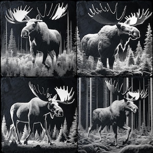 Moose Set of 4 PNG Files for Laser Engraving on Natural Slate - CNC, CO2, Lightburn, Glowforge, Xtool, DIY Art