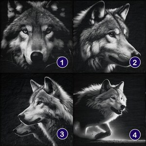 May include: A collage of four black and white images of wolves. The first image shows a wolf's face looking directly at the viewer. The second image shows a wolf's head in profile. The third image shows a wolf's head and neck in profile. The fourth image shows a wolf running.