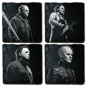 May include: Set of four square slate coasters featuring iconic horror movie characters: Jason Voorhees, Leatherface, Michael Myers, and Pinhead. Each coaster displays a detailed black and white portrait against a dark background.