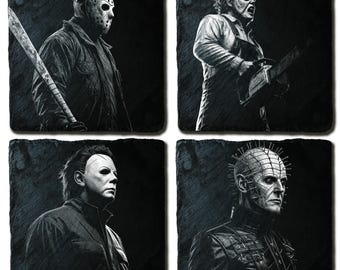 May include: Set of four square slate coasters featuring iconic horror movie characters: Jason Voorhees, Leatherface, Michael Myers, and Pinhead. Each coaster displays a detailed black and white portrait against a dark background.