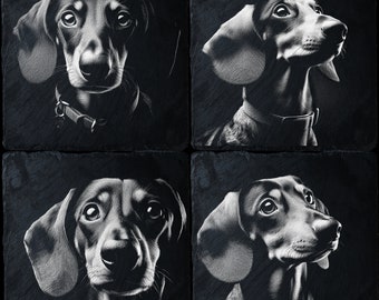 Op de afbeelding: Set van vier vierkante leistenen onderzetters met gedetailleerde zwart-wit portretten van een Teckel. Elke onderzetter toont de hond in een andere pose, met de nadruk op zijn expressieve ogen en kenmerken.