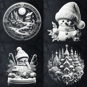 May include: A black and white collage of four winter holiday scenes. The top left image shows a circular frame with a winter forest scene. The top right image shows a snowman with a hat and scarf. The bottom left image shows a snowman with a hat and scarf. The bottom right image shows a winter village scene with a church and snow-covered trees.