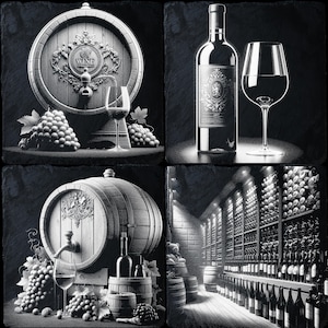 Puede incluir: Un collage fotográfico en blanco y negro de artículos relacionados con el vino. La imagen superior izquierda muestra una barrica de vino de madera con un grifo y uvas. La imagen superior derecha muestra una botella de vino y una copa de vino. La imagen inferior izquierda muestra una barrica de vino de madera con un grifo y uvas. La imagen inferior derecha muestra una bodega con filas de botellas de vino.