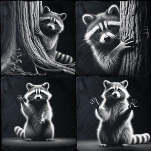 Peut inclure: Quatre images en noir et blanc de ratons laveurs. La première image montre un raton laveur debout sur ses pattes arrière, appuyé contre un tronc d'arbre. La deuxième image montre un raton laveur debout sur ses pattes arrière, appuyé contre un tronc d'arbre. La troisième image montre un raton laveur debout sur ses pattes arrière, faisant signe de la main droite. La quatrième image montre un raton laveur debout sur ses pattes arrière, faisant signe de la main avec les deux pattes.