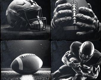May include: A black and white photo collage of four images related to American football. The first image shows a football helmet. The second image shows a football being held by a pair of gloved hands. The third image shows a football on a field. The fourth image shows a football player in action.