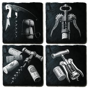 May include: Four black slate coasters with wine-related illustrations. The coasters feature images of corkscrews, wine corks, and a champagne cork. The corkscrews are in various styles, including a classic waiter's corkscrew and a decorative design.