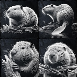Beaver Themed PNG Files Set for CNC, CO2, Lightburn, Glowforge, Xtool, DIY – 4 High-Quality Images for Laser Engraving on Natural Slate