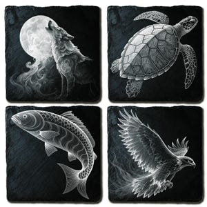 May include: Set of four black slate coasters featuring detailed white illustrations. Designs include a howling wolf before a full moon, a sea turtle, a fish, and an eagle in flight. Each coaster has a unique animal design.