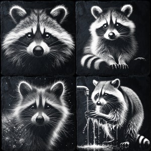 May include: Four black and white images of raccoons. The first image shows a raccoon's face close up. The second image shows a raccoon sitting on its haunches. The third image shows a raccoon's face close up. The fourth image shows a raccoon drinking from a faucet.