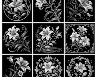 May include: A collection of nine square panels featuring grayscale illustrations of lily flowers. Each panel displays detailed botanical motifs, including blooming lilies, buds, and swirling vine patterns, some enclosed in circular or square frames.