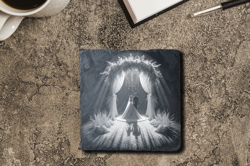 May include: A black slate coaster with a white engraved image of a wedding ceremony. The couple is standing under a floral archway with white drapes.