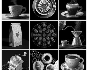 May include: A collection of nine black and white images featuring coffee-related items with geometric wireframe patterns, including cups with latte art, a coffee bag with a logo, coffee beans, a pour-over setup, and a manual coffee grinder.
