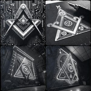 May include: A black and white image of a Masonic symbol, a compass and square, in four different styles. The symbol is shown in a digital, hand-drawn, and 3D style.