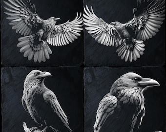 Raven PNG Set for Laser Engraving - 4 Digital Files for CNC, CO2, Lightburn, Glowforge, Xtool, DIY Projects on Wood, Slate, Metal, and More