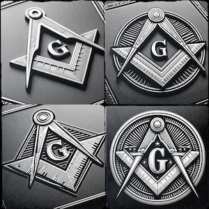 May include: Four black square tiles with a silver compass and letter G design. The compass is a symbol of Freemasonry.