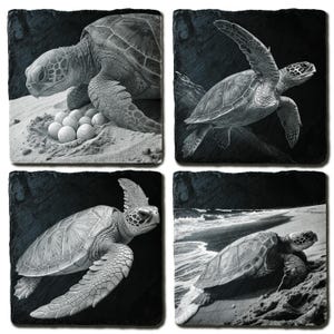 May include: Set of four square coasters featuring grayscale illustrations of sea turtles. One coaster shows a turtle with eggs, another shows a turtle swimming, and two show turtles on a beach. The coasters have a dark, textured background.