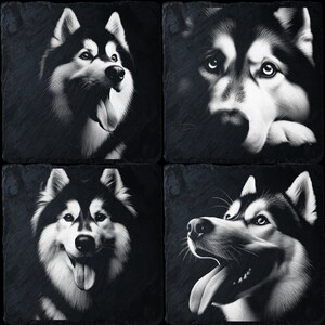 Paquet de 4 huskys | Lot de fichiers laser | Gravure laser PNG | Gravure sur ardoise | Gravure de sous-bock | Américain | Coup de foudre | Forgelumineuse | Outil X | Commande numérique par ordinateur