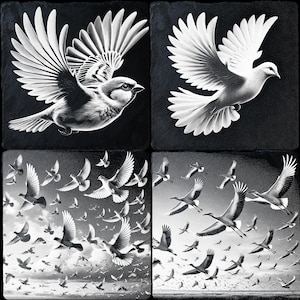 Lot de 4 fichiers de gravure laser Bird in Flight - CNC et PNG à monter soi-même avec des motifs animaliers complexes Décoration d'intérieur artistique et polyvalente
