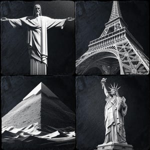 Set of 4 Iconic Landmark Engraving PNG Files for CNC DIY and Laser Projects - Eiffel Tower, Statue of Liberty, Christ Redeemer, Pyramid
