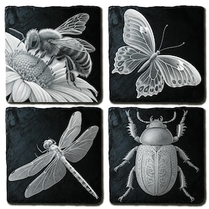 Puede incluir: Juego de cuatro posavasos cuadrados de pizarra negra con ilustraciones detalladas en escala de grises de insectos. Los diseños incluyen una abeja en una flor, una mariposa, una libélula y un escarabajo.
