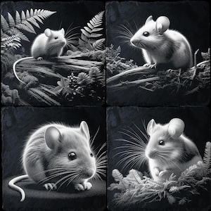Puede incluir: Cuatro ilustraciones en blanco y negro de ratones sobre un fondo de pizarra. Cada ratón se representa en una pose diferente, uno mirando hacia un lado, otro mirando hacia adelante y dos mirando hacia abajo. Los ratones están todos dibujados en un estilo realista, con pelo y bigotes detallados.