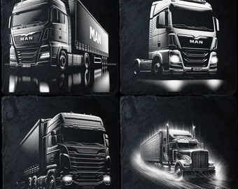May include: Four black and white images of semi-trucks. The first image shows a MAN truck with a trailer. The second image shows a MAN truck with a trailer. The third image shows a truck with a trailer. The fourth image shows a truck with a trailer.