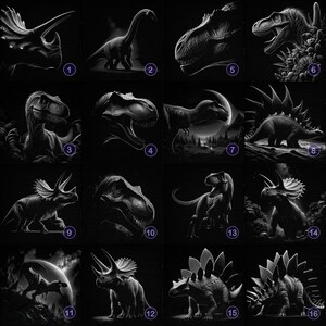 May include: A black and white digital illustration of 16 different dinosaurs. The dinosaurs are all in a variety of poses, including standing, walking, and running. The illustrations are all in a realistic style.